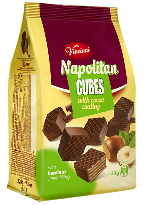 Vincinni Napolitan Cubes Cooa With Cocoa Coating and Hazelnut Cream Filling 220g ( North Macedonia )